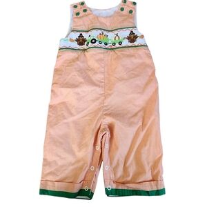 Angeline Kids Smocked Thanksgiving Turkey Pumpkin Gingham Longall. Sz. 6-9 M